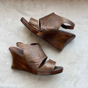 Salpy Women 9 fits small Brown Leather High Wedge Heel Sandal Open Toe Slingback